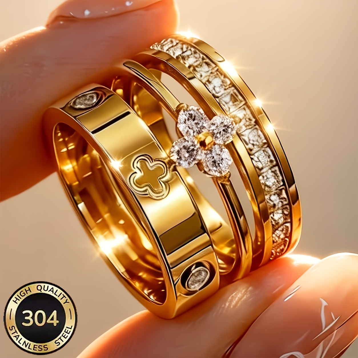 Set of 3 Women's 18K Gold-Plated Rings — Stackable Gift Set